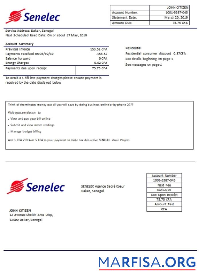 Realistic Senegal Senelec Agence Sacré Coeur Company electricity utility bill template in Word and PDF format